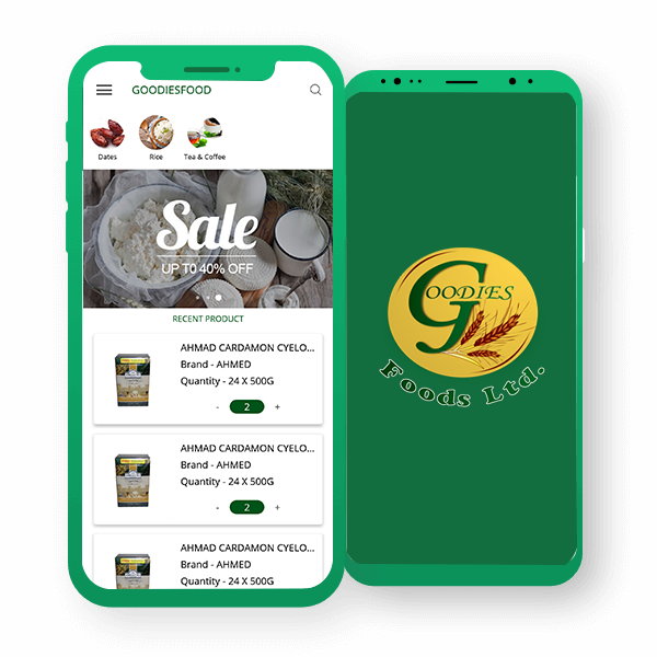 Goodies Food — grocery and food ordering app screens on iOS and Android