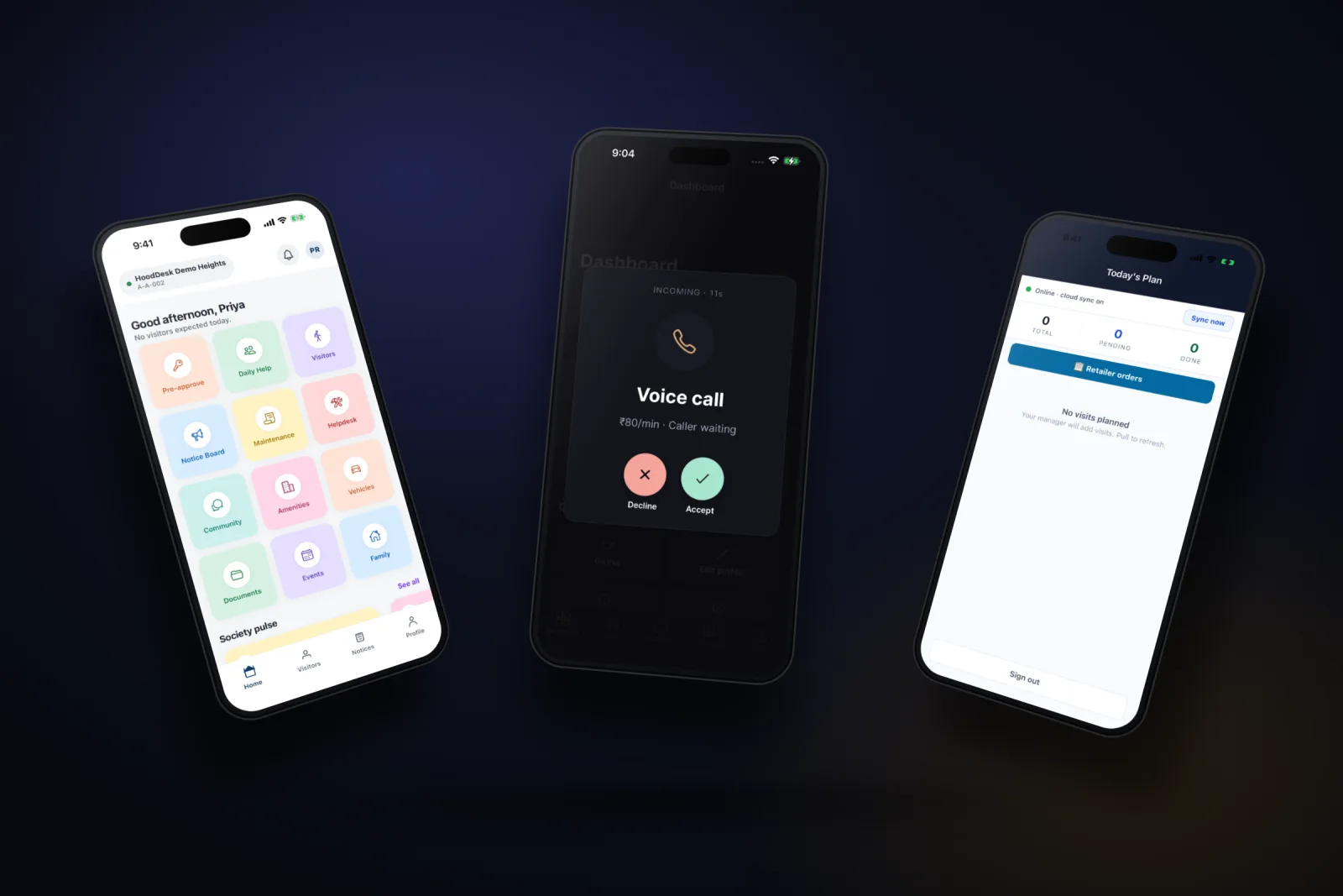 Native iOS and Android app built by Sdesizns — home dashboard, live voice call and daily plan screens