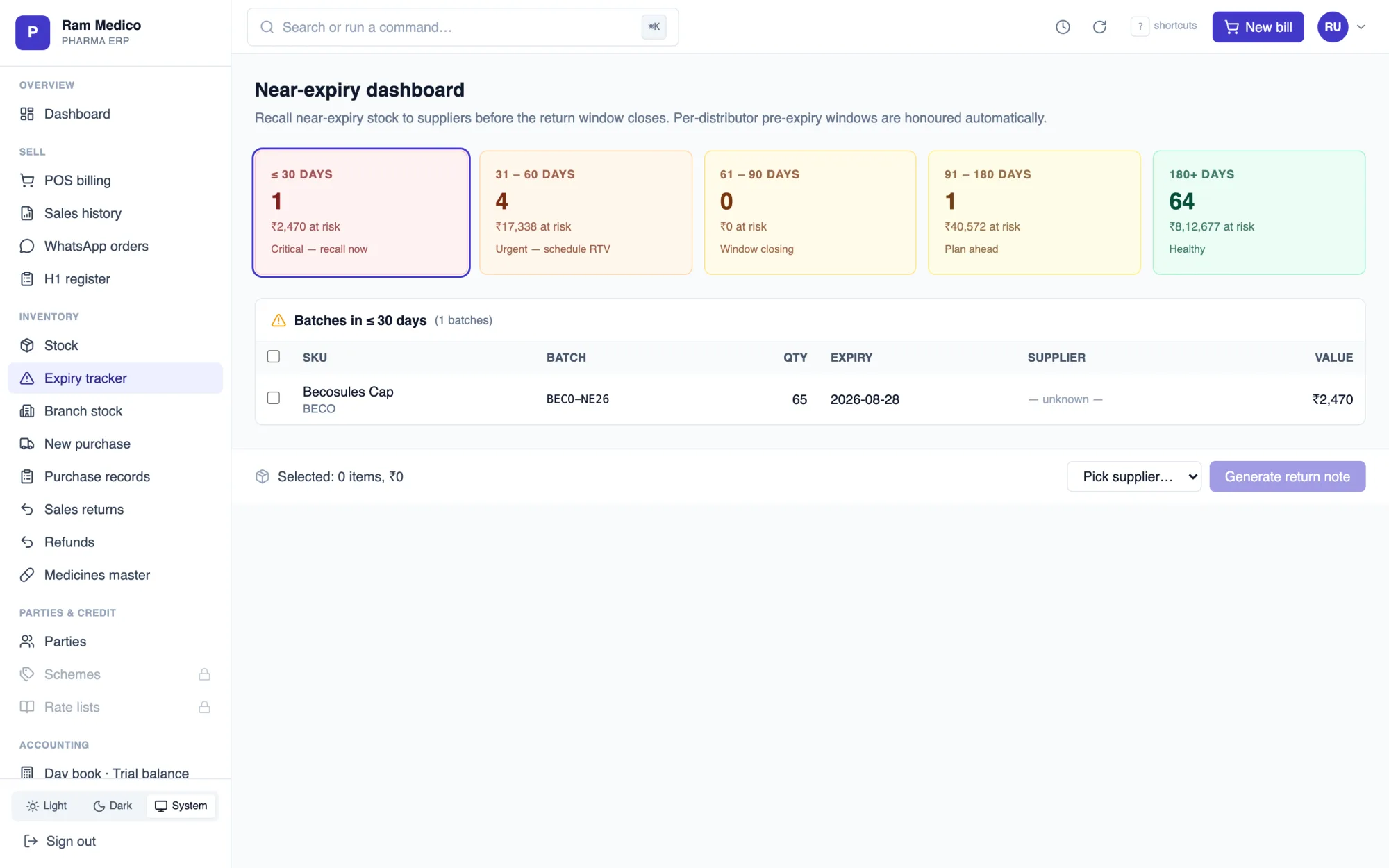 PharmOS near-expiry dashboard — batches bucketed by expiry window with value at risk