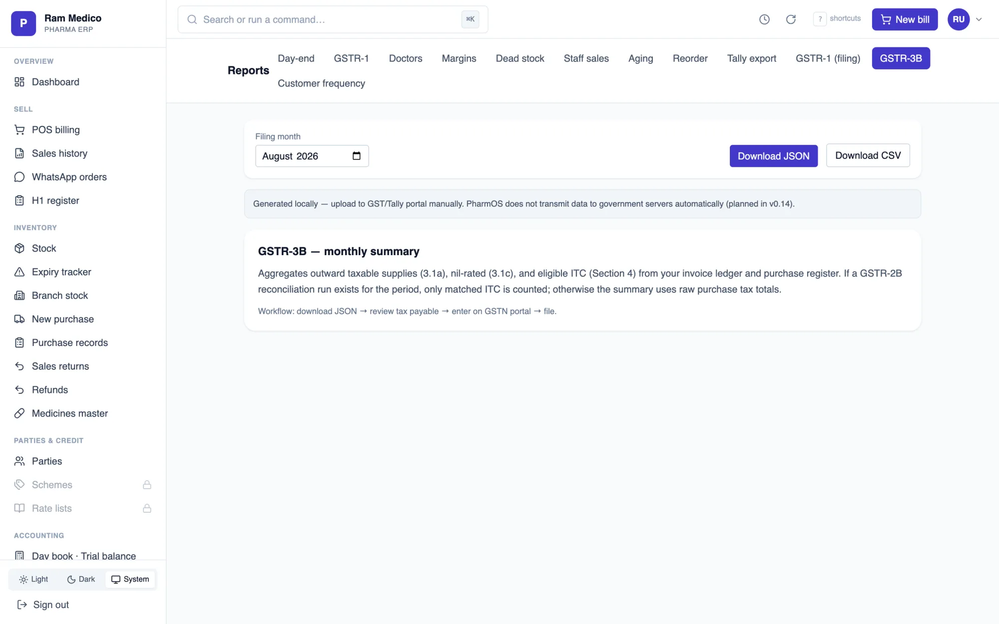 PharmOS GSTR-3B monthly summary with one-click JSON and CSV download