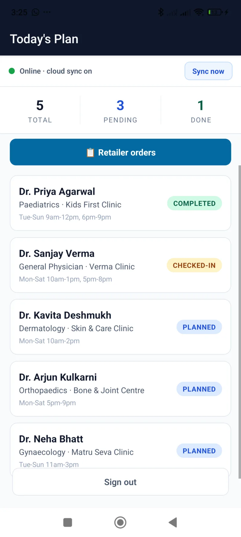 PharmOS MR app Today's Plan — five doctor visits with completed, checked-in and planned status badges, real device