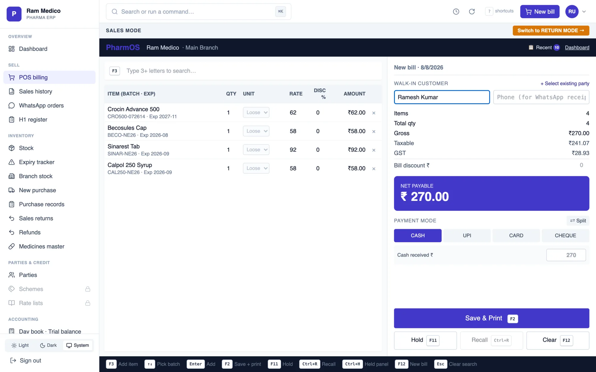 PharmOS POS billing — items with batch and expiry, GST breakdown, net payable and keyboard shortcut bar
