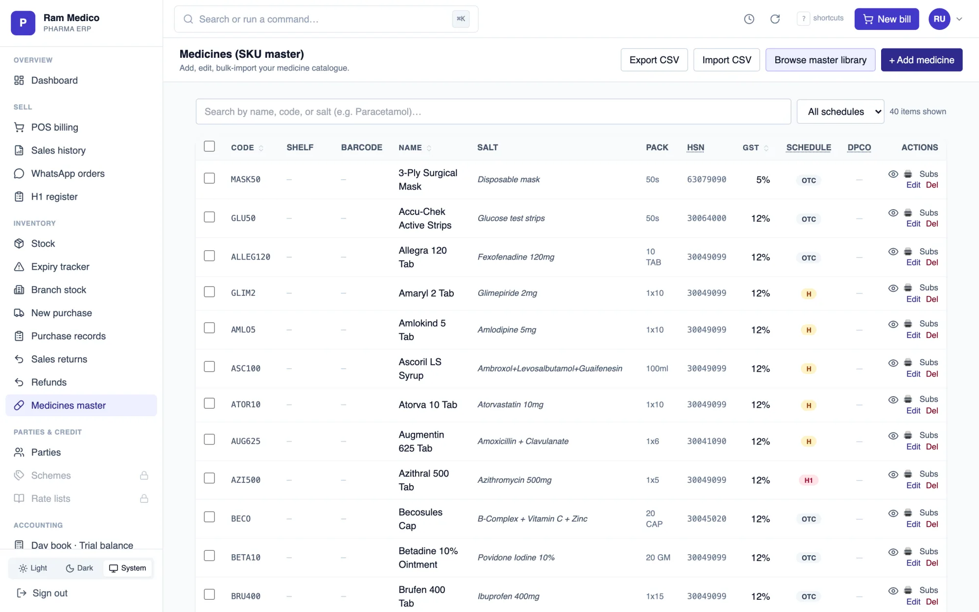 PharmOS medicines master — SKU list with salt, pack, HSN, GST rate and drug schedule