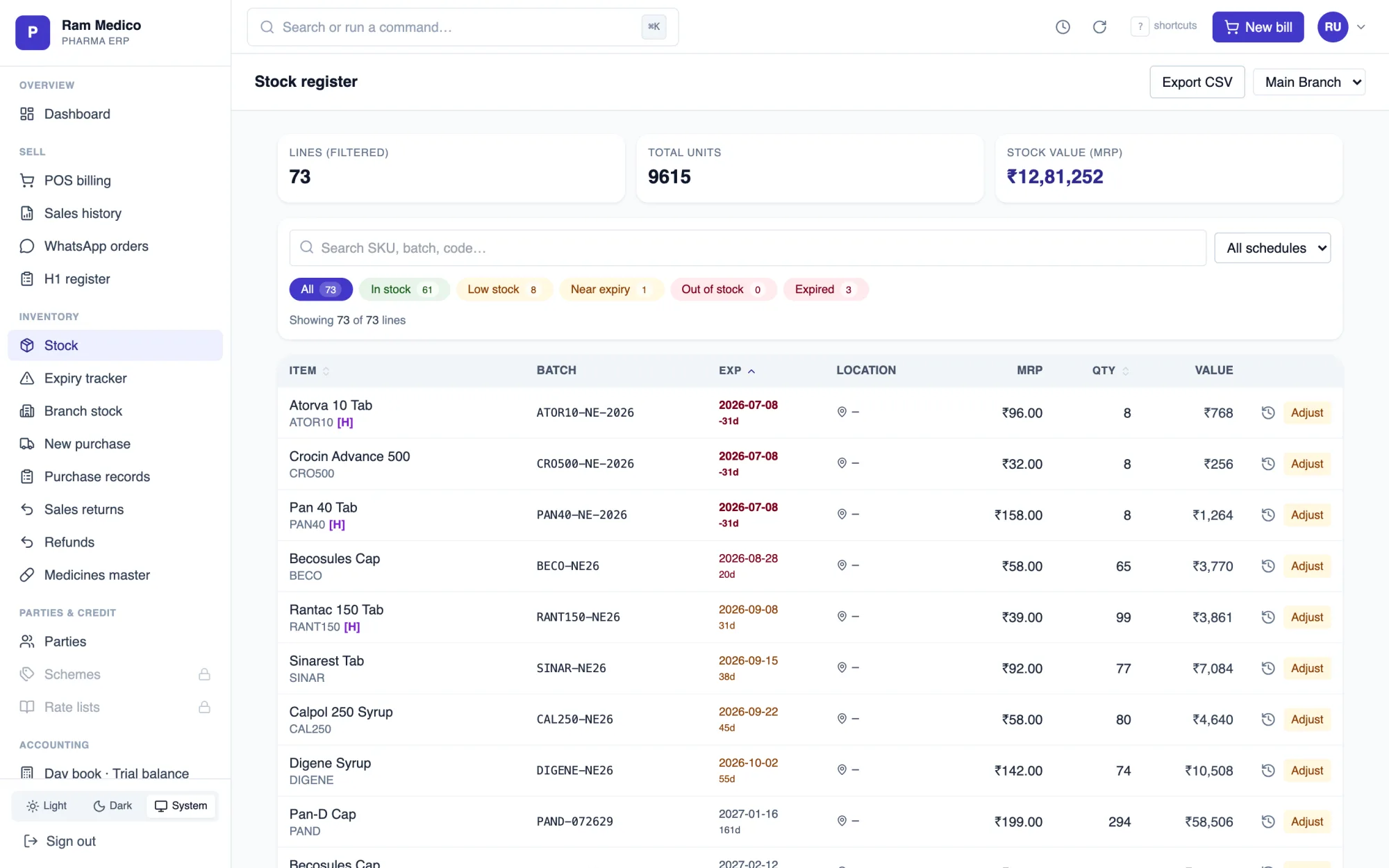 PharmOS stock register — batch lines with expiry, MRP, quantity and value