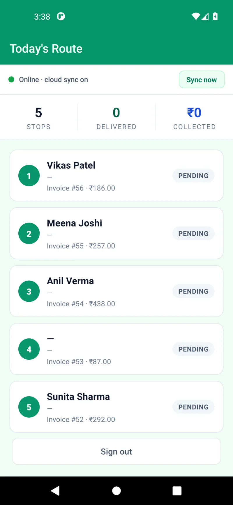 PharmOS Van app Today's Route — five delivery stops with customer names, invoice amounts and pending status