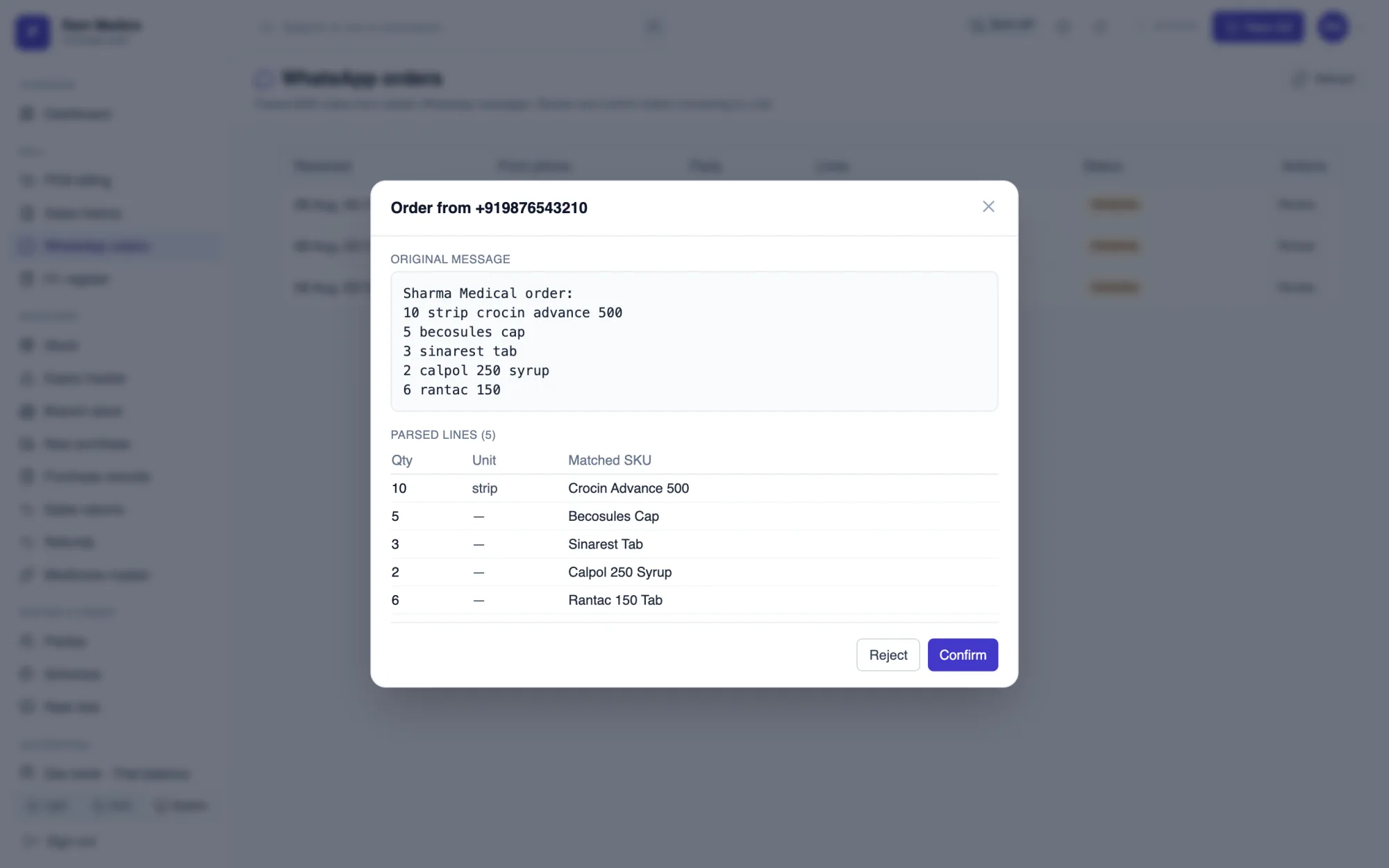 PharmOS WhatsApp order review — raw retailer message parsed into SKU-matched order lines