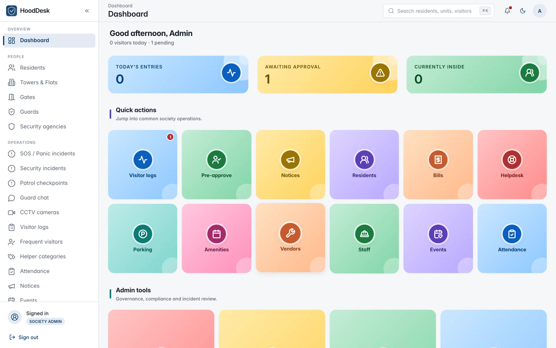 HoodDesk RWA admin dashboard — today's entries, approvals awaiting, and quick actions for visitor logs, notices, residents, bills and helpdesk