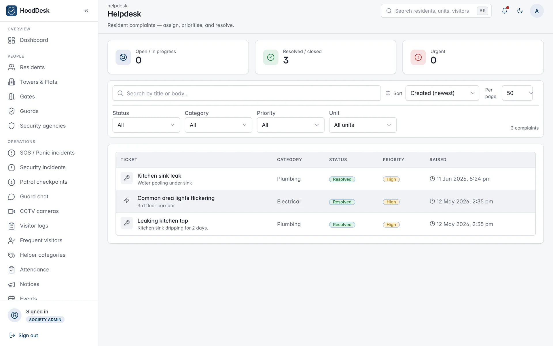 HoodDesk admin helpdesk — resident complaints with category, status, priority and resolution tracking