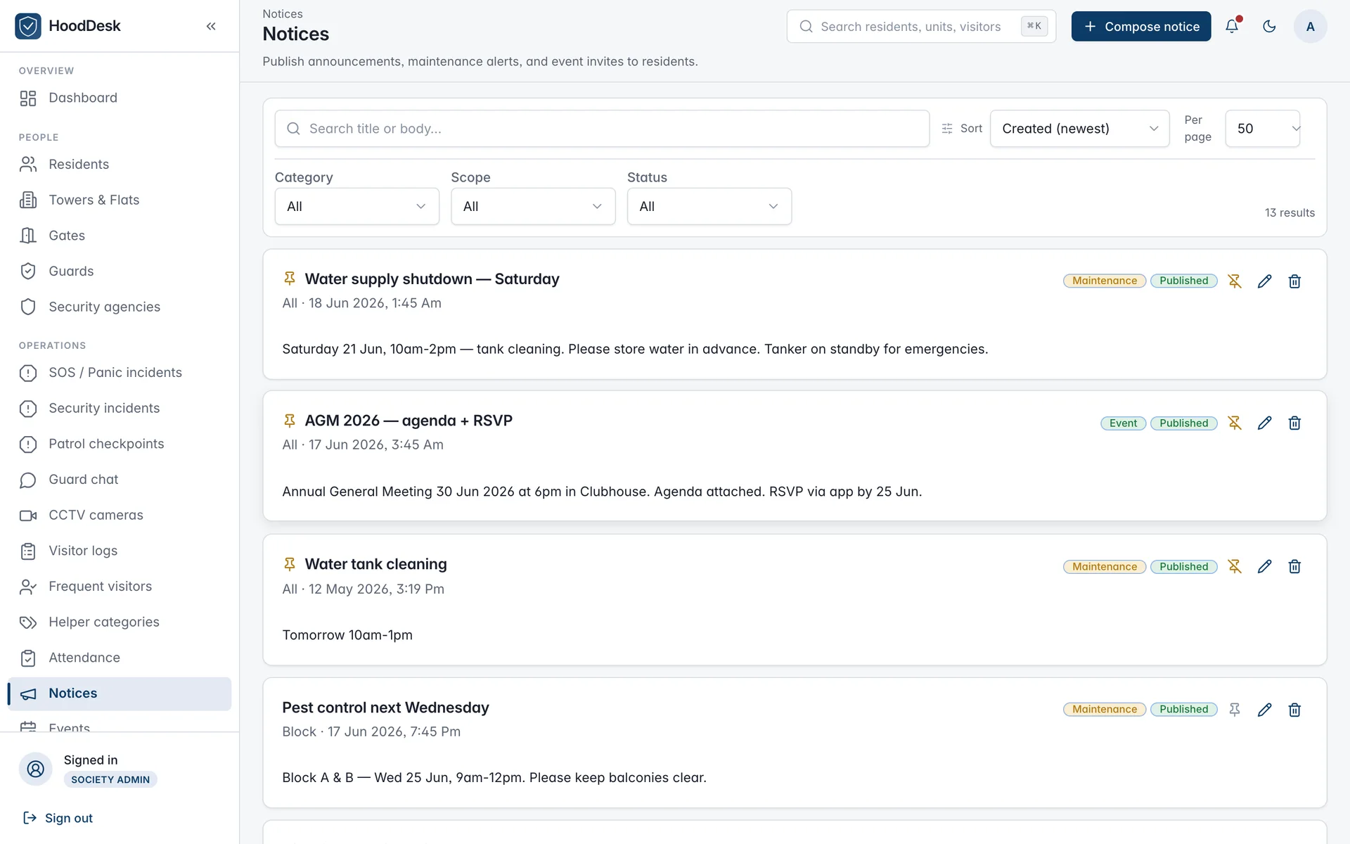 HoodDesk admin notices page — published maintenance and event notices with category and status pills