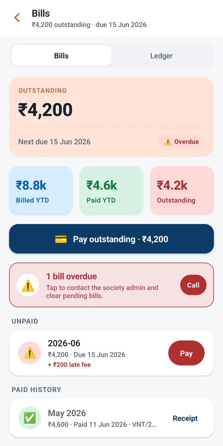 HoodDesk resident app bills screen — outstanding dues with overdue flag, billed and paid totals, pay button and receipt history