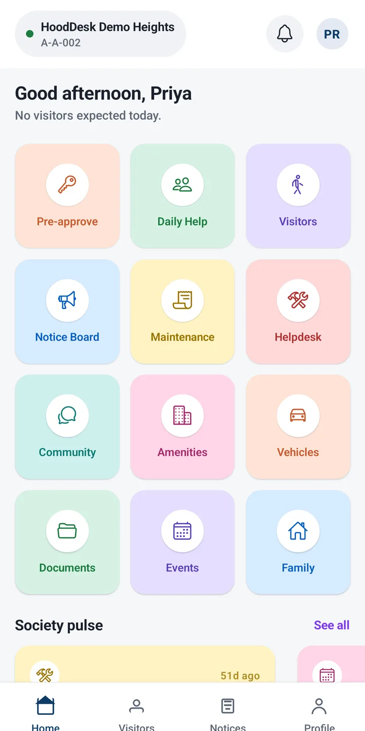 HoodDesk resident app home — pre-approve, daily help, visitors, notice board, maintenance and helpdesk modules