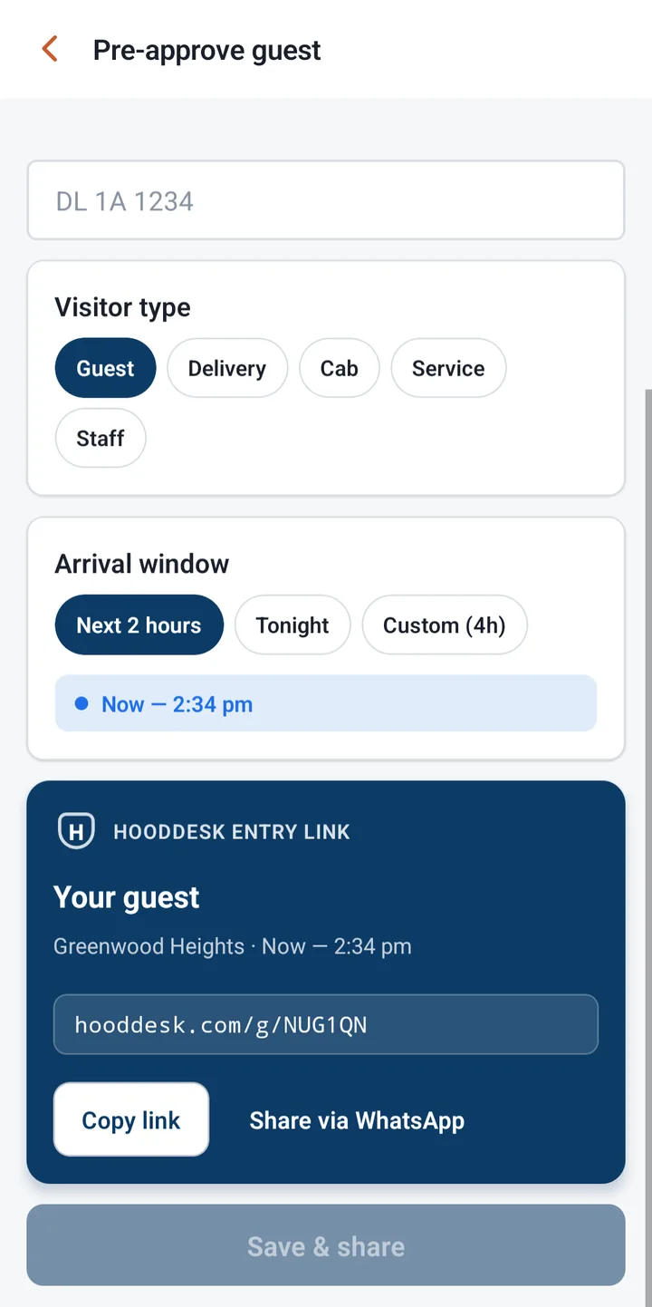 HoodDesk pre-approve guest screen — visitor type, arrival window and a WhatsApp-shareable gate entry link