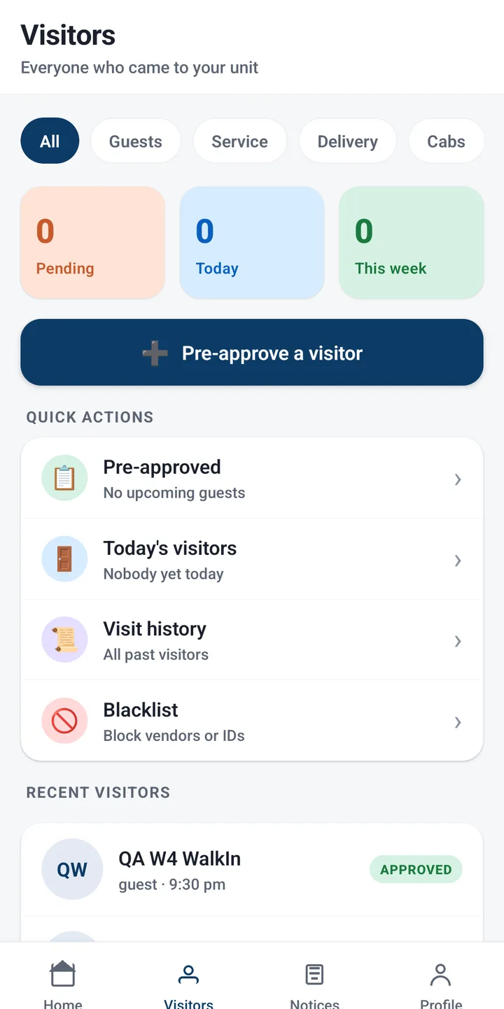 HoodDesk resident app visitors screen — guest, delivery, cab and service filters with visit history and blacklist