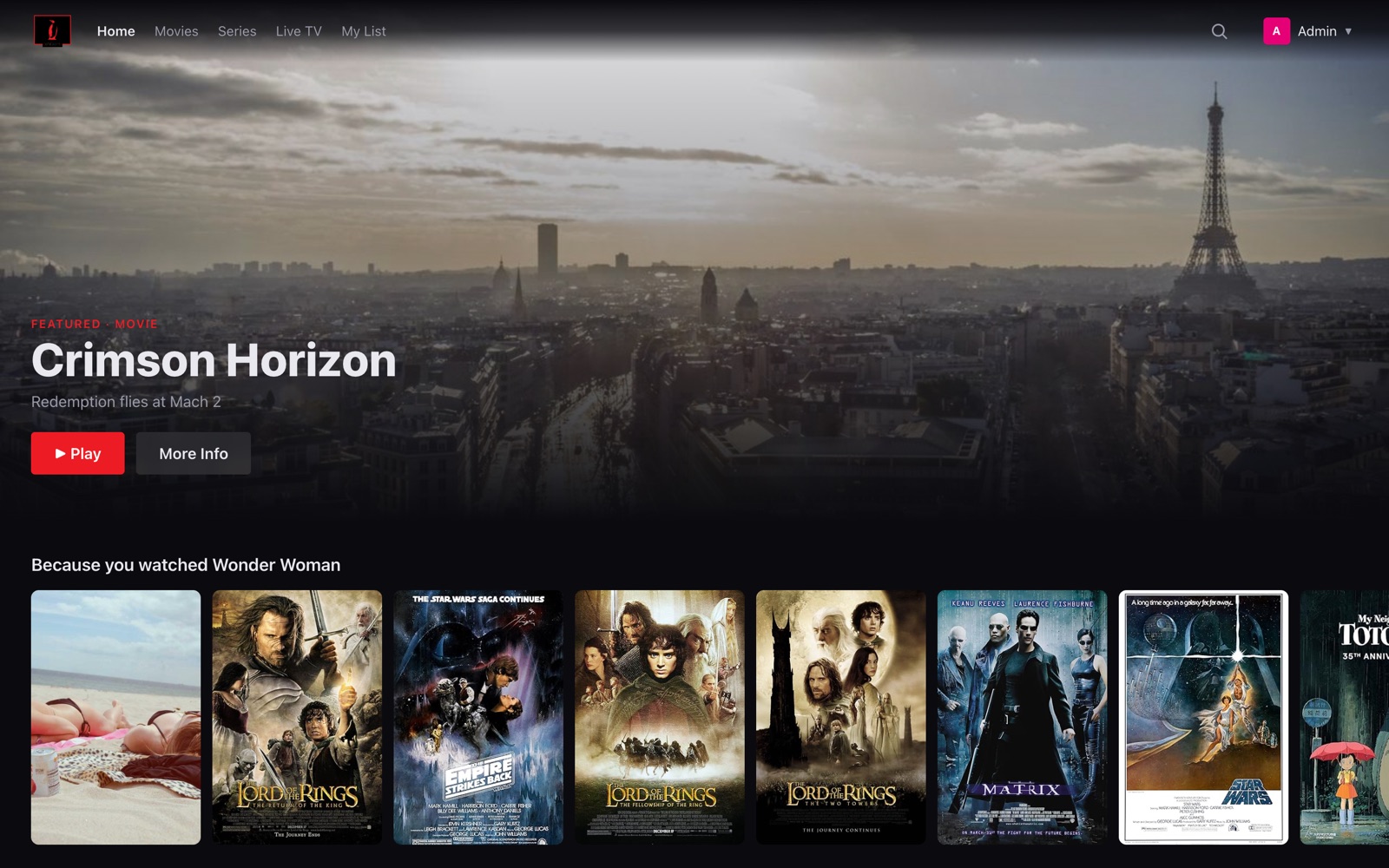 PengwinTV web storefront — featured hero banner with personalised poster rows below