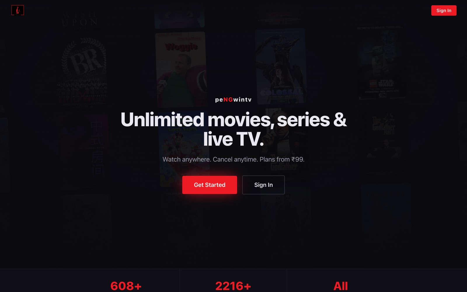 PengwinTV logged-out landing page — 'Unlimited movies, series & live TV' hero over a poster wall