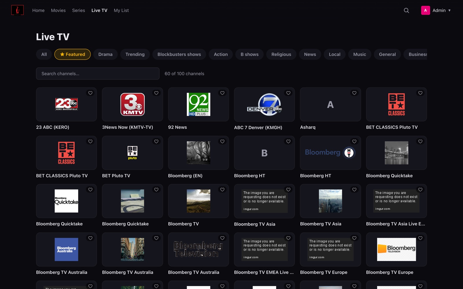 PengwinTV Live TV grid — featured channels, category chips and search filtering 60 of 100 channels