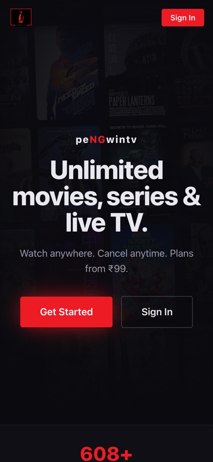 PengwinTV Android app — mobile landing screen with sign-in and featured content