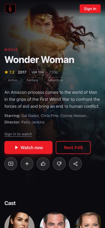 PengwinTV mobile app title detail screen with play and download actions
