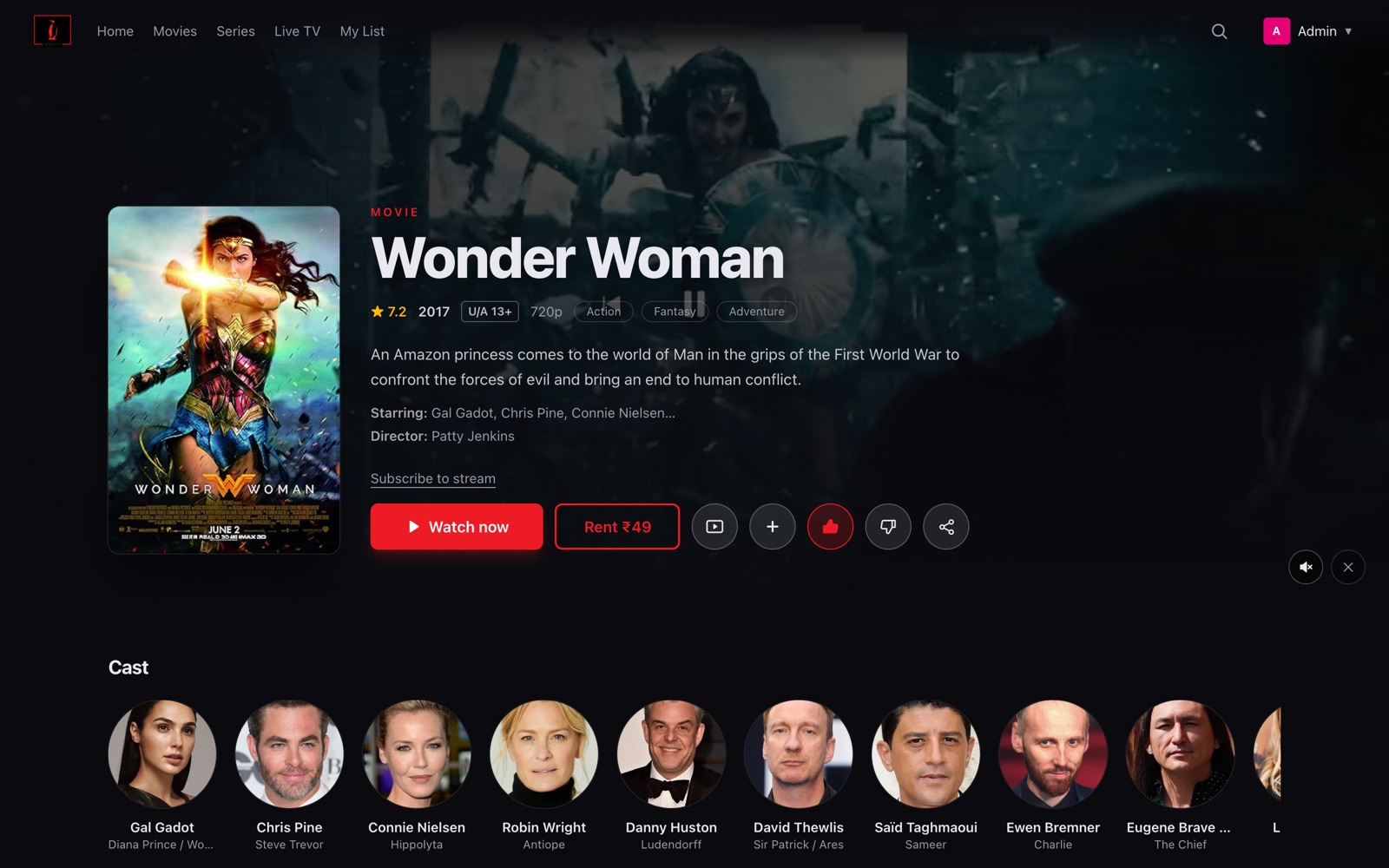PengwinTV title detail page for Wonder Woman — 7.2 rating, cast strip, Watch now and Rent ₹49 buttons