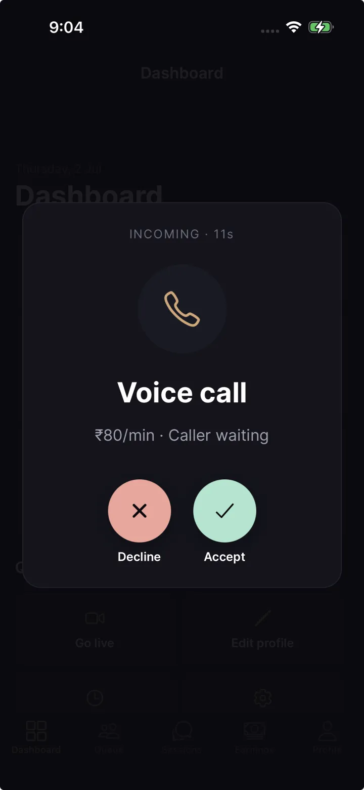 AstroOne incoming astrologer call at ₹80 per minute — real CallKit screen