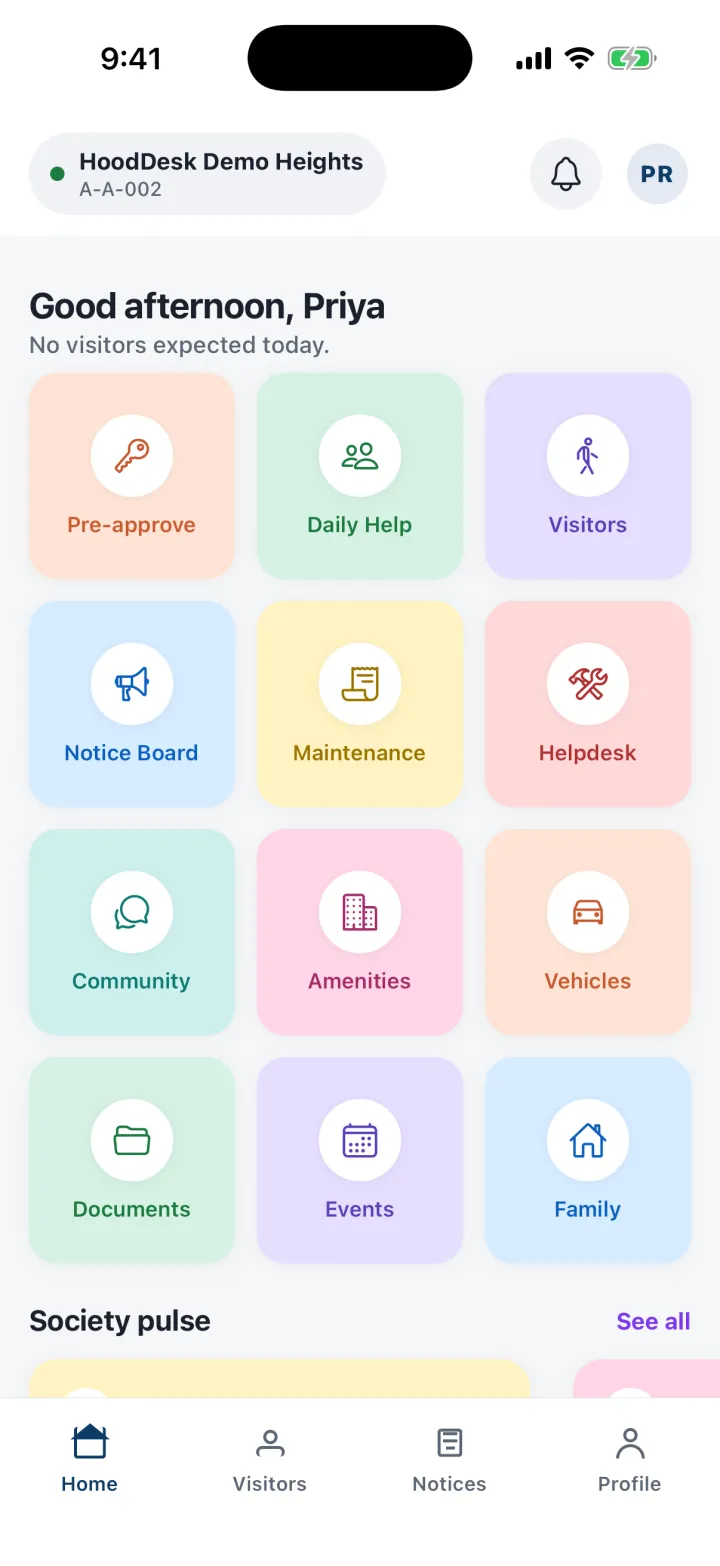 HoodDesk resident app home — visitor approvals, notices and society feed, logged in