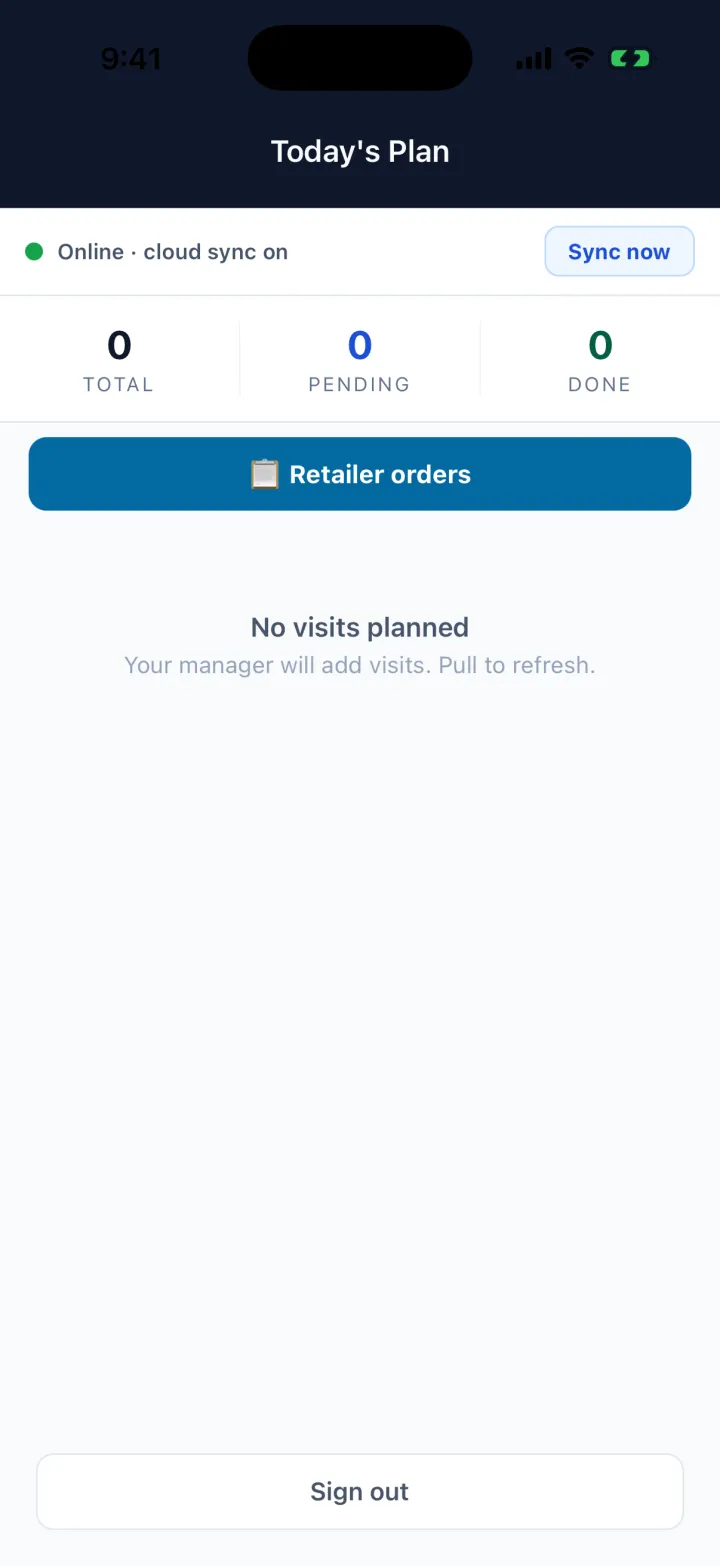 PharmOS MR field app — today's visit plan with doctor call schedule