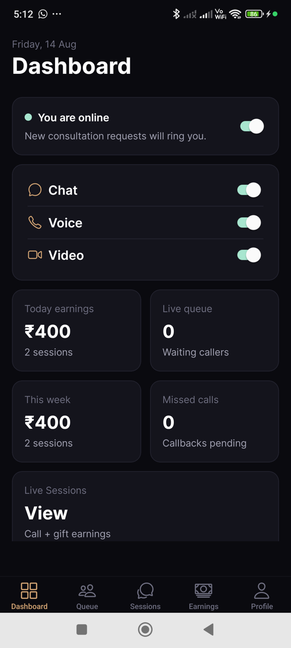 Astrologer dashboard with online toggle, per-mode availability and today's earnings