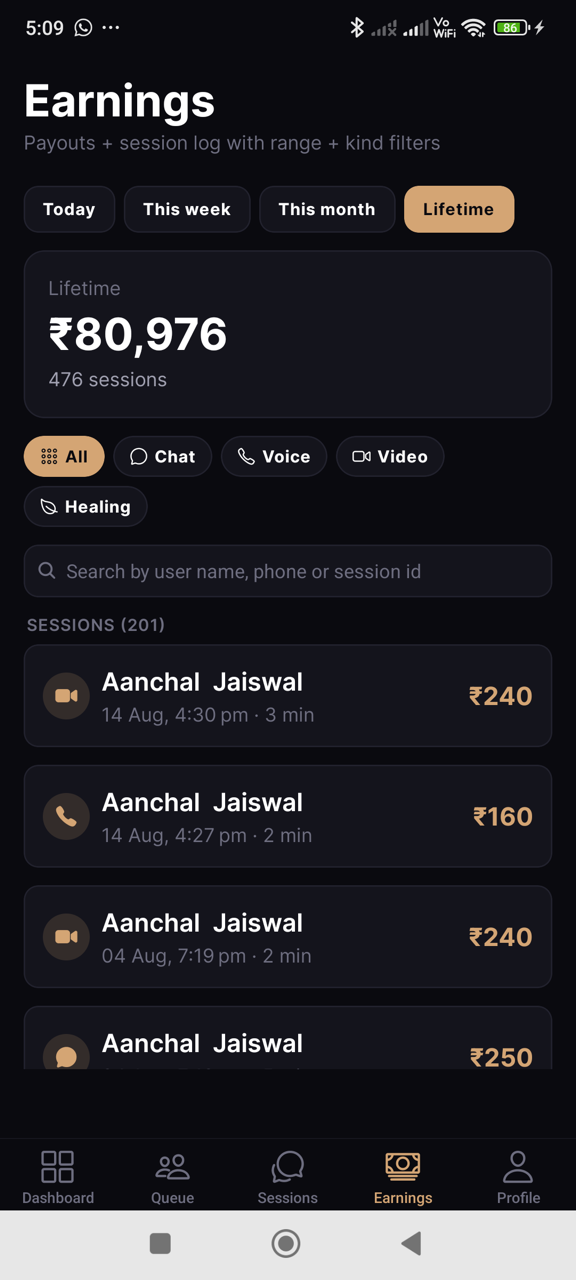 Astrologer lifetime earnings with payout-ready session log and filters