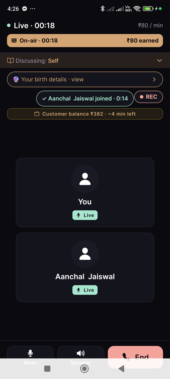 Live voice consultation with on-air earnings ticker, recording badge and customer balance