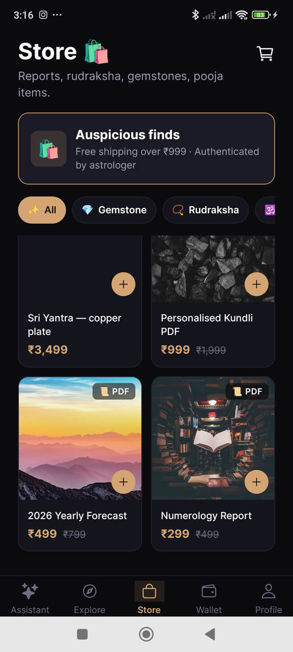 Astromall storefront with gemstones, rudraksha, yantras and pooja services