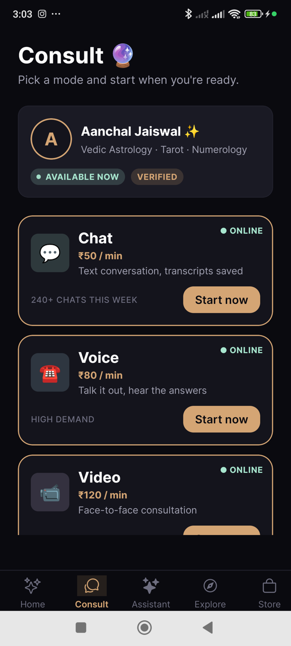 Live chat consultation with per-second wallet billing timer