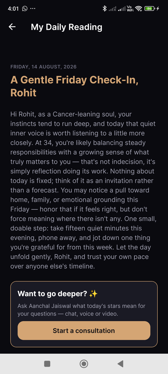 Personalised My Daily Reading generated from the user's birth details