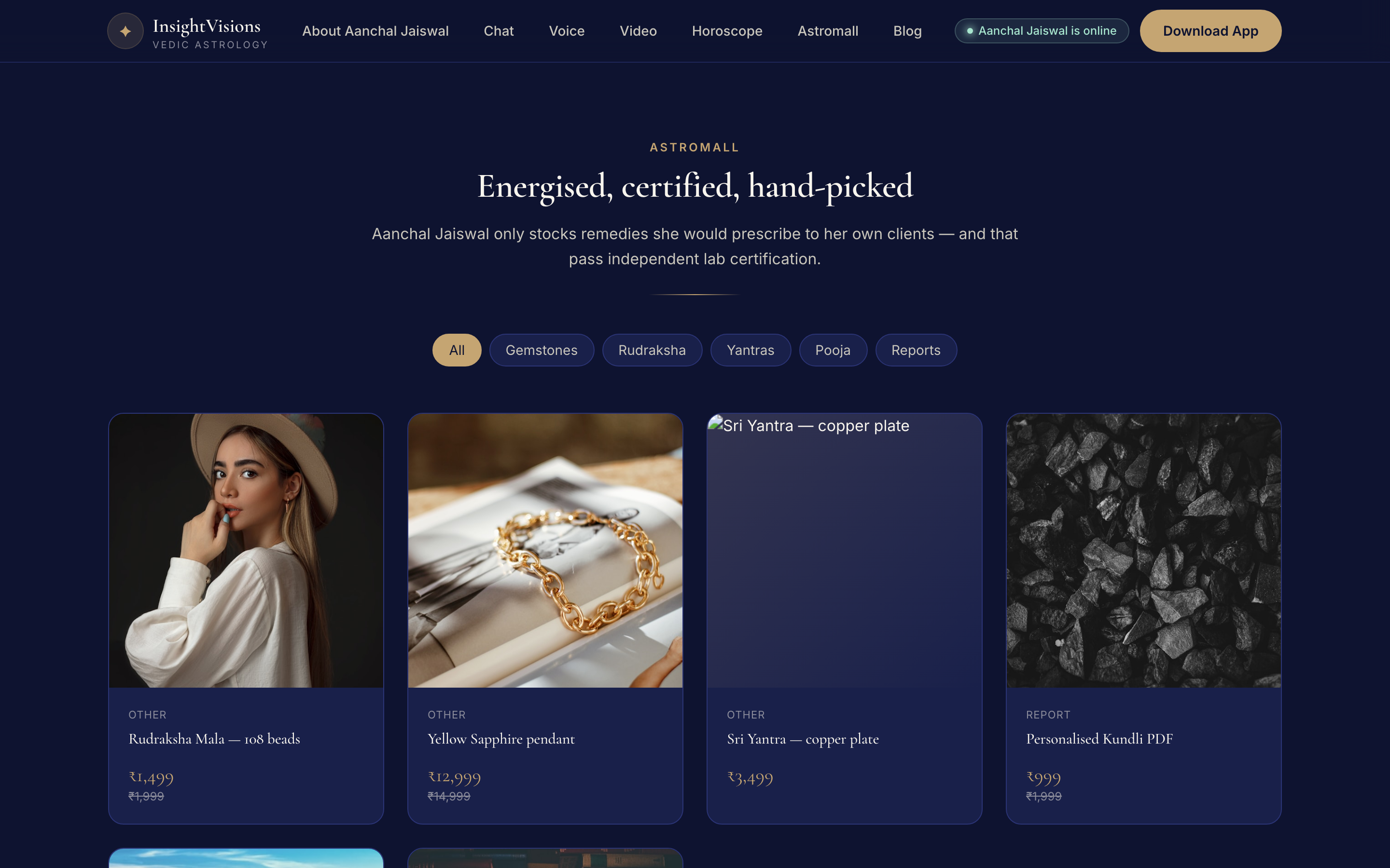 Astromall web storefront for gemstones, rudraksha, yantras and reports