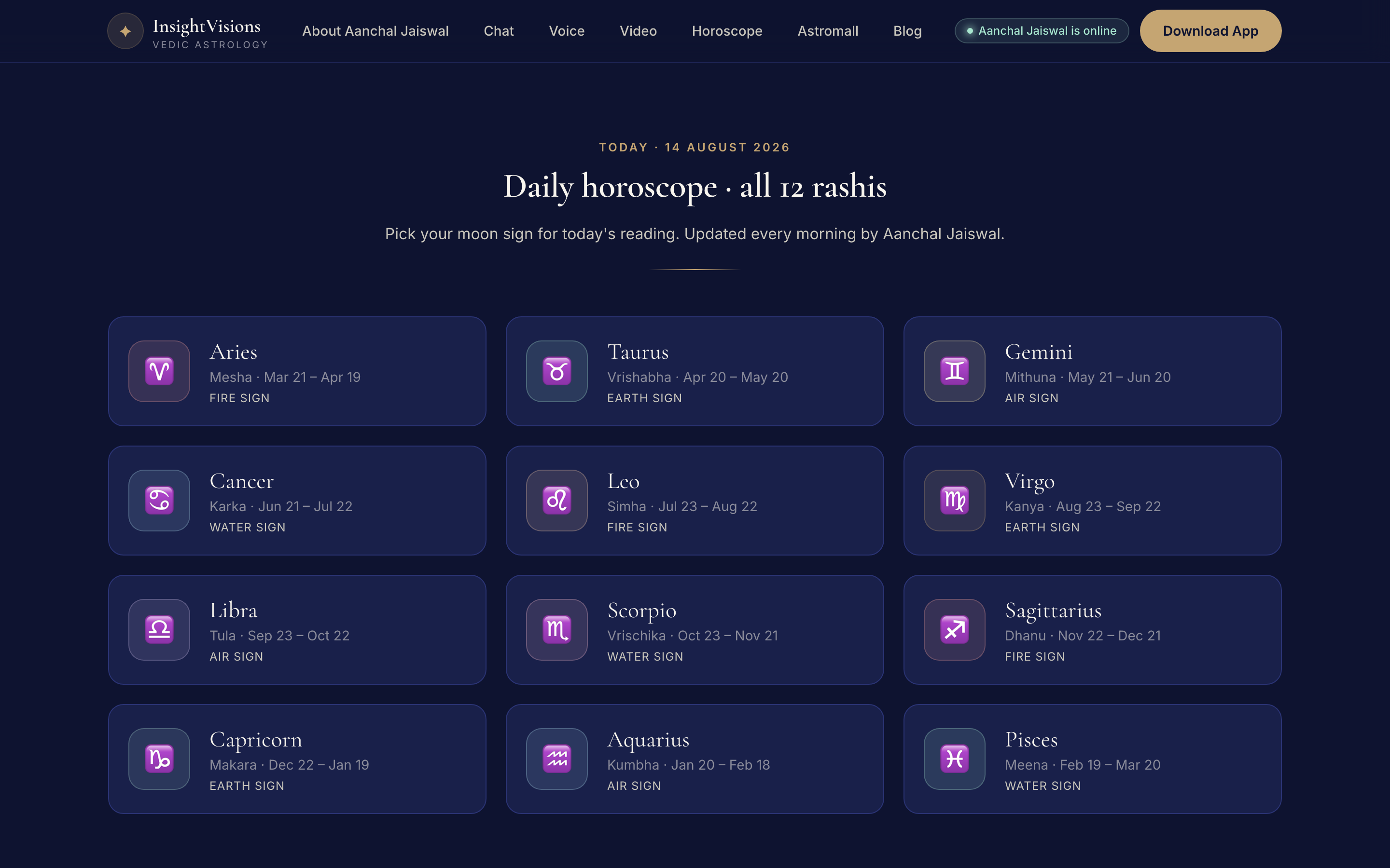 Daily horoscope hub for all 12 rashis, refreshed automatically every morning