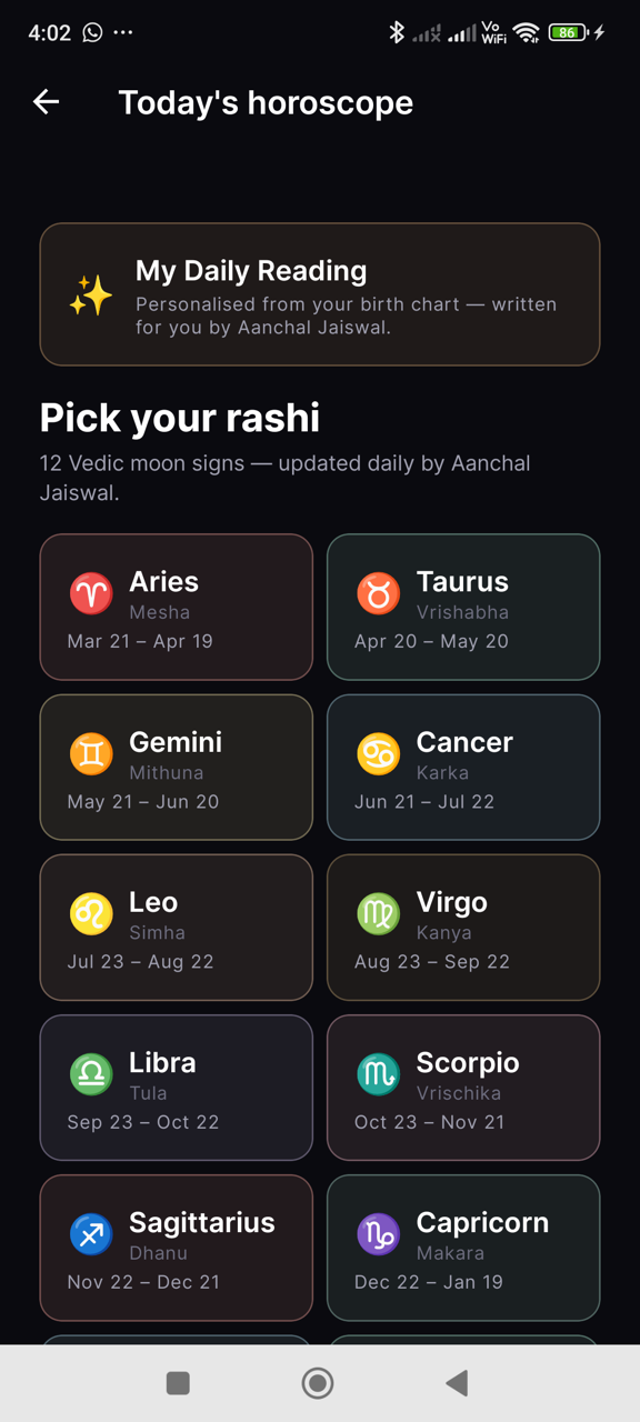 Auto-generated daily horoscopes for all 12 rashis